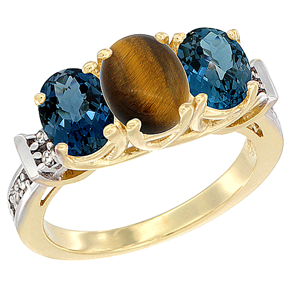 10K Yellow Gold Natural Tiger Eye & London Blue Topaz Sides Ring 3-Stone Oval Diamond Accent, sizes 5 - 10