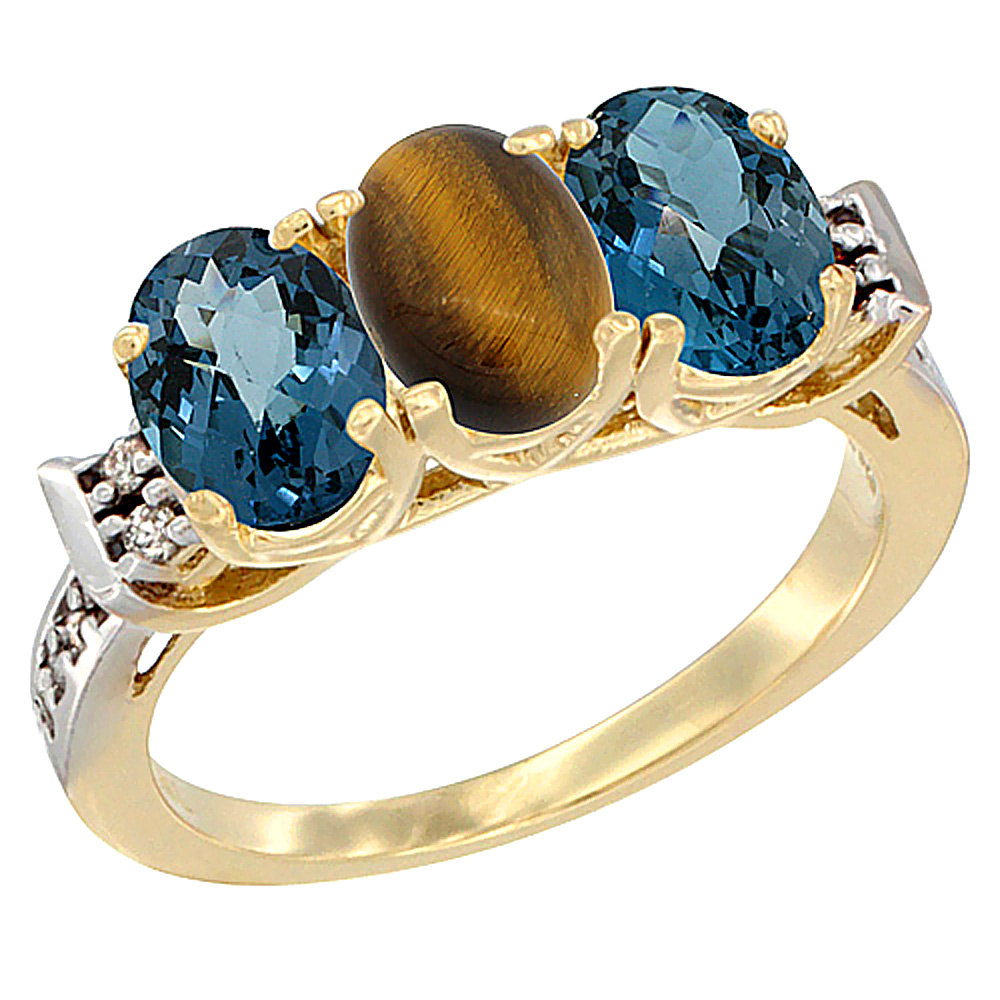 10K Yellow Gold Natural Tiger Eye &amp; London Blue Topaz Sides Ring 3-Stone Oval 7x5 mm Diamond Accent, sizes 5 - 10