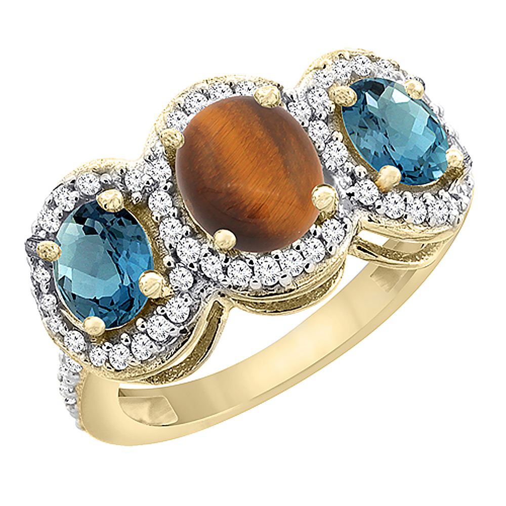 14K Yellow Gold Natural Tiger Eye &amp; London Blue Topaz 3-Stone Ring Oval Diamond Accent, sizes 5 - 10