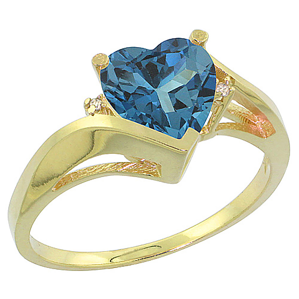 10K Yellow Gold Natural London Blue Topaz Heart Ring 7mm Diamond Accent, sizes 5 - 10