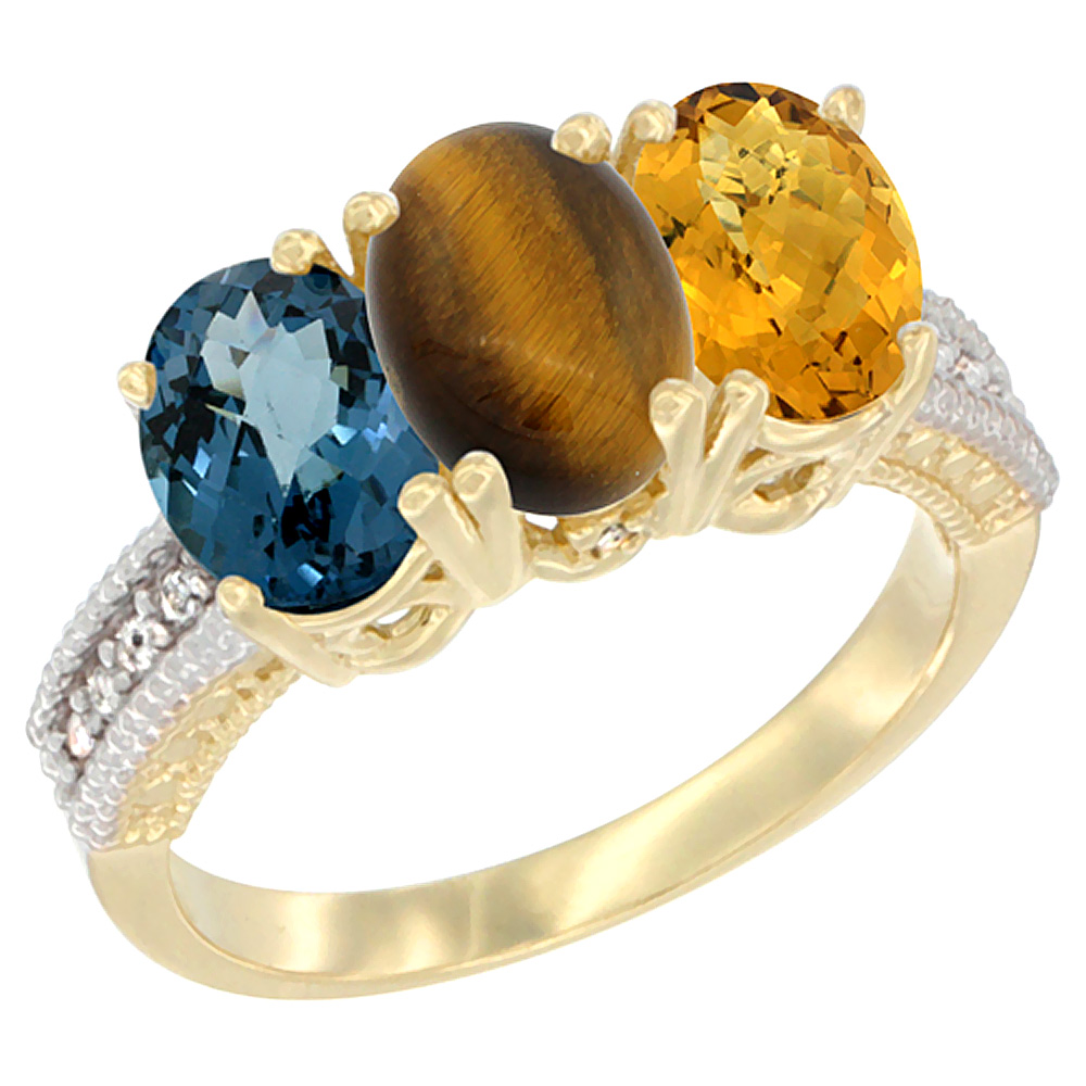 14K Yellow Gold Natural London Blue Topaz, Tiger Eye & Whisky Quartz Ring 3-Stone 7x5 mm Oval Diamond Accent, sizes 5 - 10