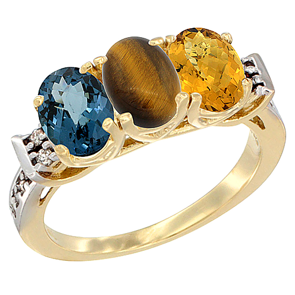 14K Yellow Gold Natural London Blue Topaz, Tiger Eye &amp; Whisky Quartz Ring 3-Stone 7x5 mm Oval Diamond Accent, sizes 5 - 10