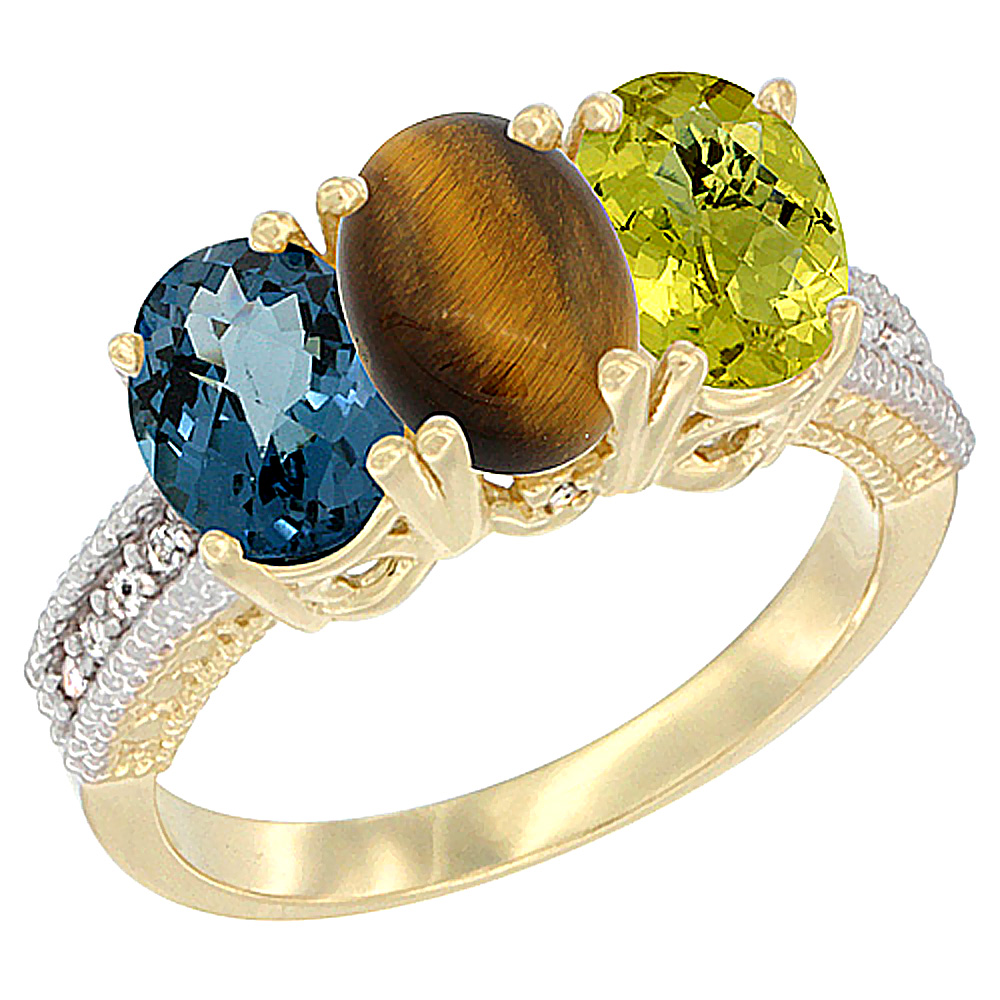 14K Yellow Gold Natural London Blue Topaz, Tiger Eye &amp; Lemon Quartz Ring 3-Stone 7x5 mm Oval Diamond Accent, sizes 5 - 10