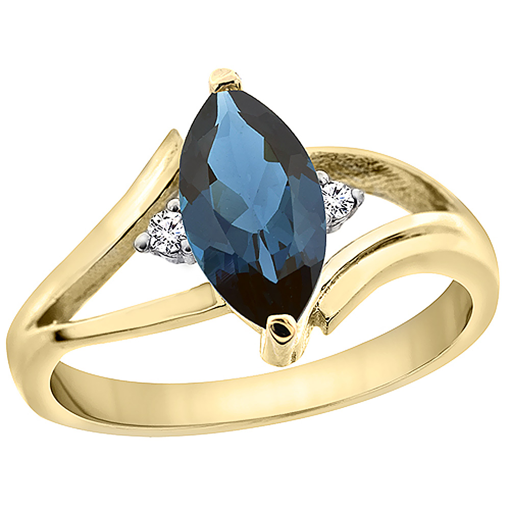 14K Yellow Gold Natural London Blue Topaz Ring Marquise 10x5mm Diamond Accent, sizes 5 - 10 with half sizes