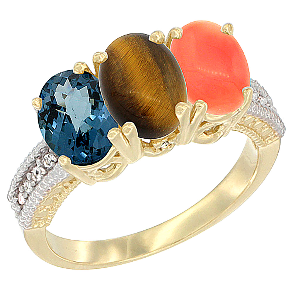 14K Yellow Gold Natural London Blue Topaz, Tiger Eye &amp; Coral Ring 3-Stone 7x5 mm Oval Diamond Accent, sizes 5 - 10