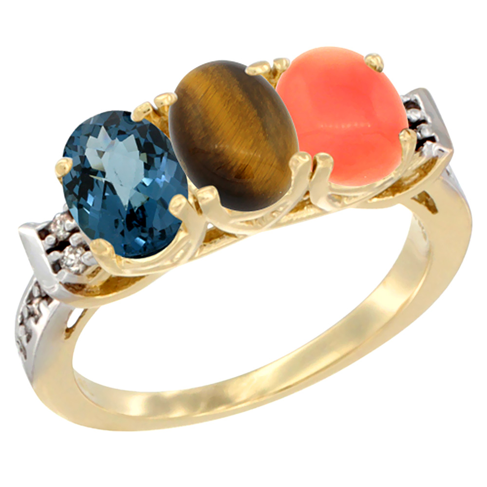 10K Yellow Gold Natural London Blue Topaz, Tiger Eye &amp; Coral Ring 3-Stone Oval 7x5 mm Diamond Accent, sizes 5 - 10