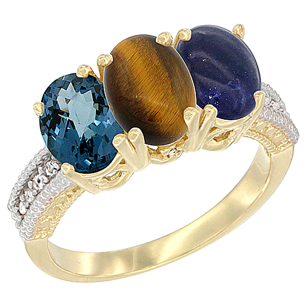 10K Yellow Gold Diamond Natural London Blue Topaz, Tiger Eye & Lapis Ring 3-Stone Oval 7x5 mm, sizes 5 - 10