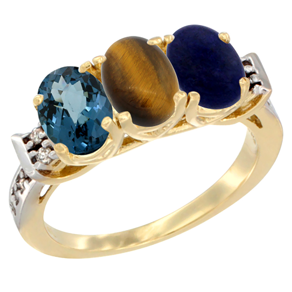 10K Yellow Gold Natural London Blue Topaz, Tiger Eye &amp; Lapis Ring 3-Stone Oval 7x5 mm Diamond Accent, sizes 5 - 10