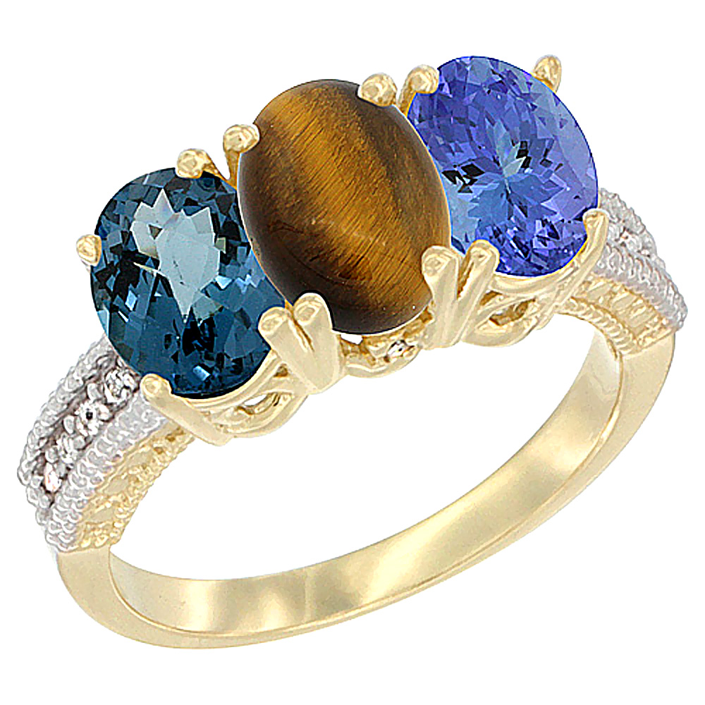 10K Yellow Gold Diamond Natural London Blue Topaz, Tiger Eye &amp; Tanzanite Ring 3-Stone Oval 7x5 mm, sizes 5 - 10