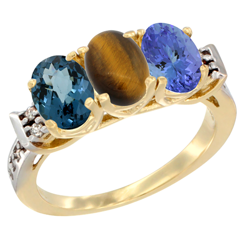 10K Yellow Gold Natural London Blue Topaz, Tiger Eye & Tanzanite Ring 3-Stone Oval 7x5 mm Diamond Accent, sizes 5 - 10