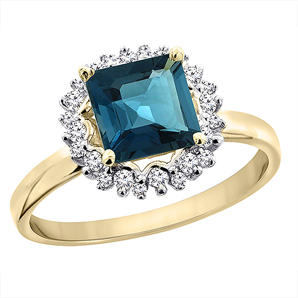 14K Yellow Gold Natural London Blue Topaz Ring Square 6x6 mm Diamond Accents, sizes 5 - 10