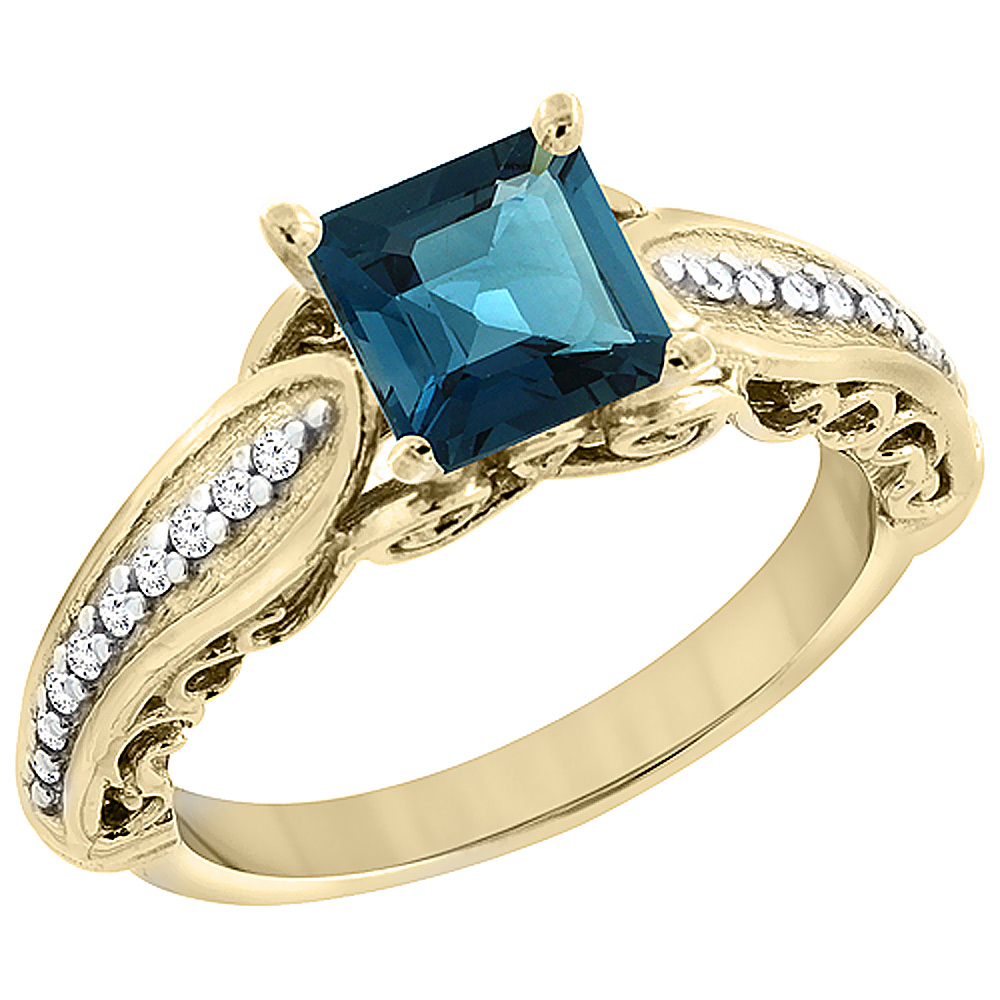 10K Yellow Gold Natural London Blue Topaz Ring Square 8x8mm with Diamond Accents, sizes 5 - 10