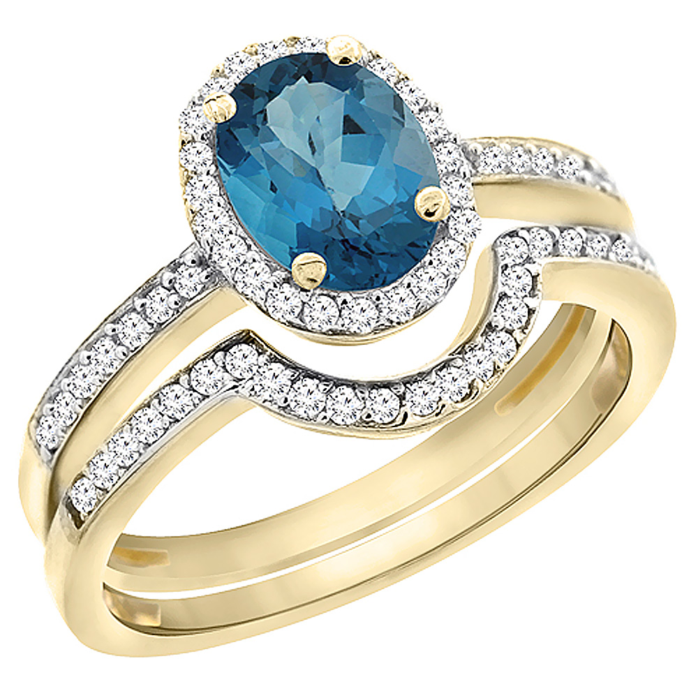 14K Yellow Gold Diamond Natural London Blue Topaz 2-Pc. Engagement Ring Set Oval 8x6 mm, sizes 5 - 10