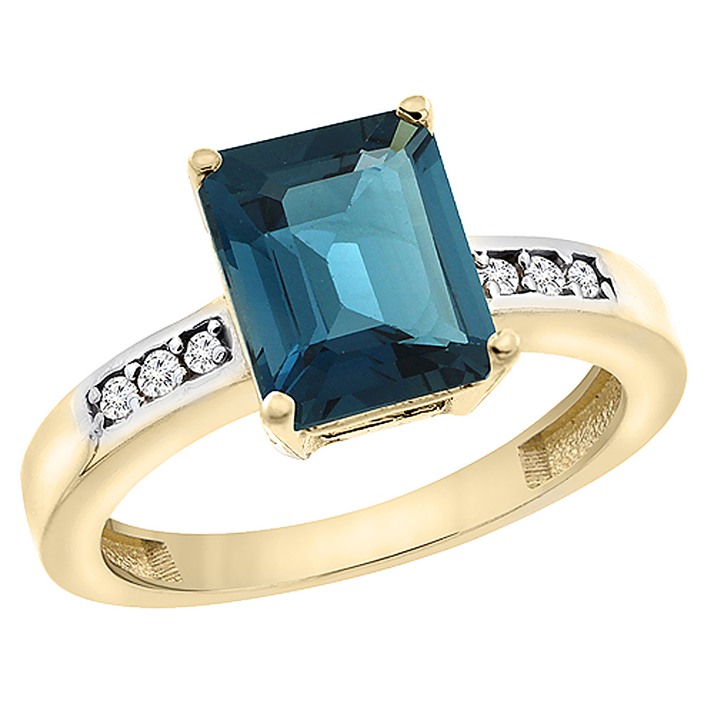 14K Yellow Gold Natural London Blue Topaz Octagon 9x7 mm with Diamond Accents, sizes 5 - 10