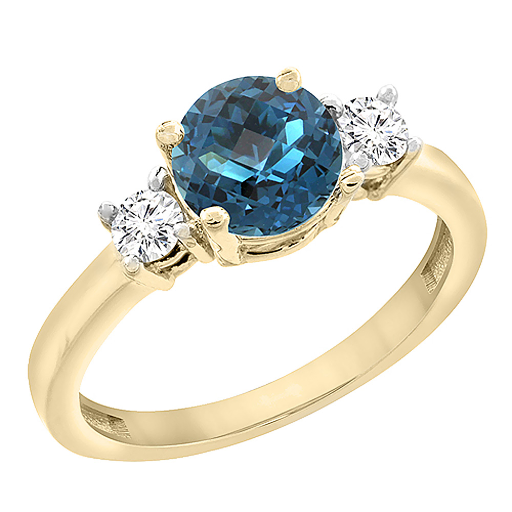 14K Yellow Gold Diamond Natural London Blue Topaz Engagement Ring Round 7mm, sizes 5to10 w/half size
