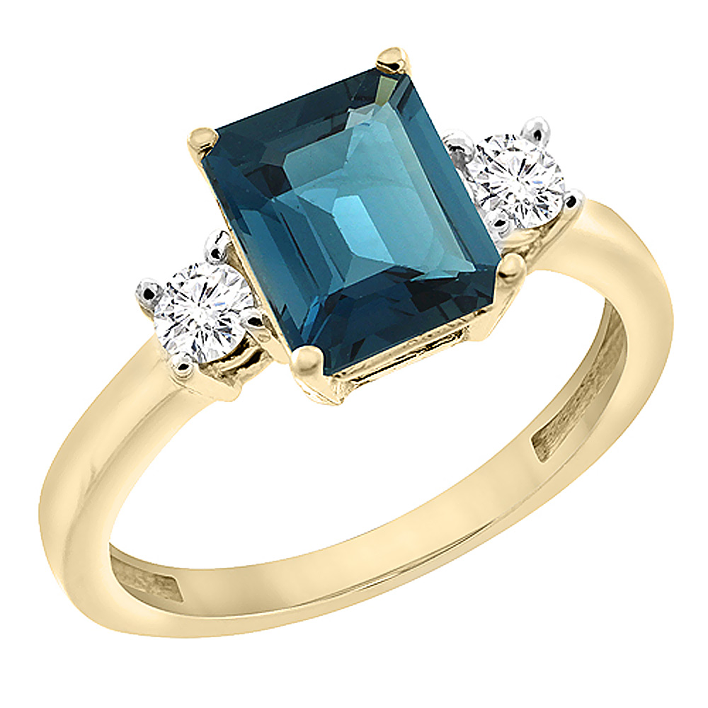 14K Yellow Gold Natural London Blue Topaz Ring Octagon 8x6 mm with Diamond Accents, sizes 5 - 10