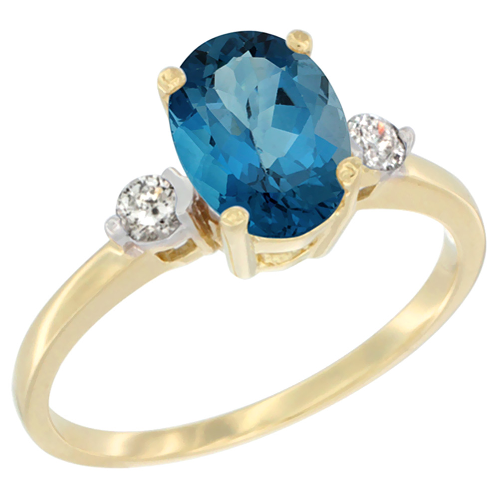 14K Yellow Gold Natural London Blue Topaz Ring Oval 9x7 mm Diamond Accent, sizes 5 to 10