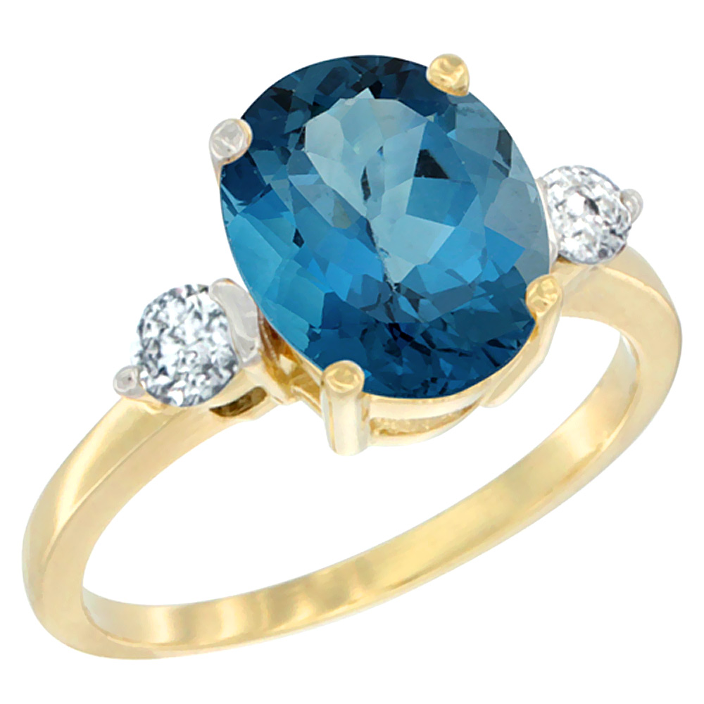 10K Yellow Gold 10x8mm Oval Natural London Blue Topaz Ring for Women Diamond Side-stones sizes 5 - 10