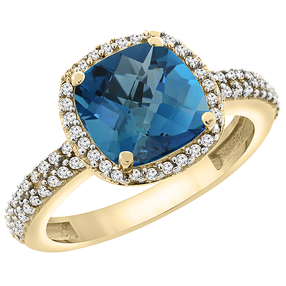 10K Yellow Gold Natural London Blue Topaz Cushion 8x8 mm with Diamond Accents, sizes 5 - 10