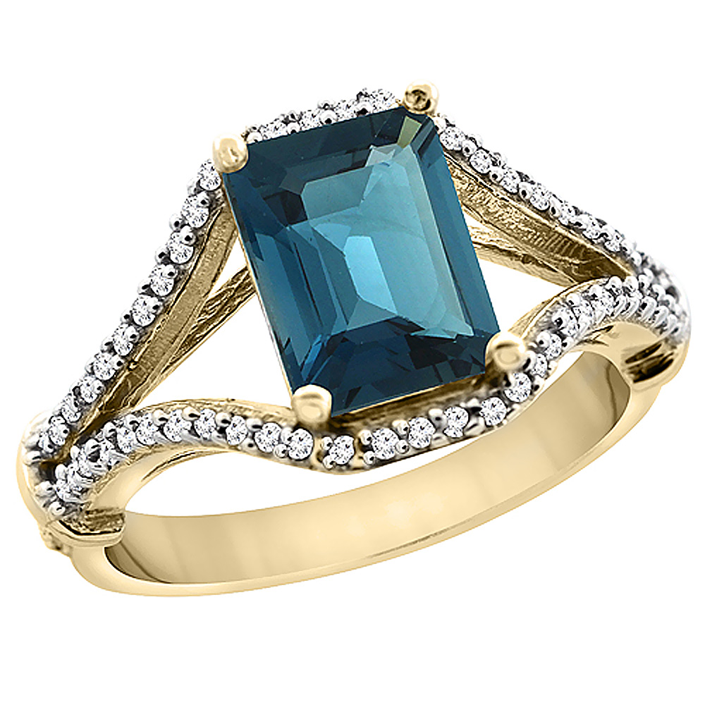 14K Yellow Gold Natural London Blue Topaz Ring Octagon 8x6 mm with Diamond Accents, sizes 5 - 10