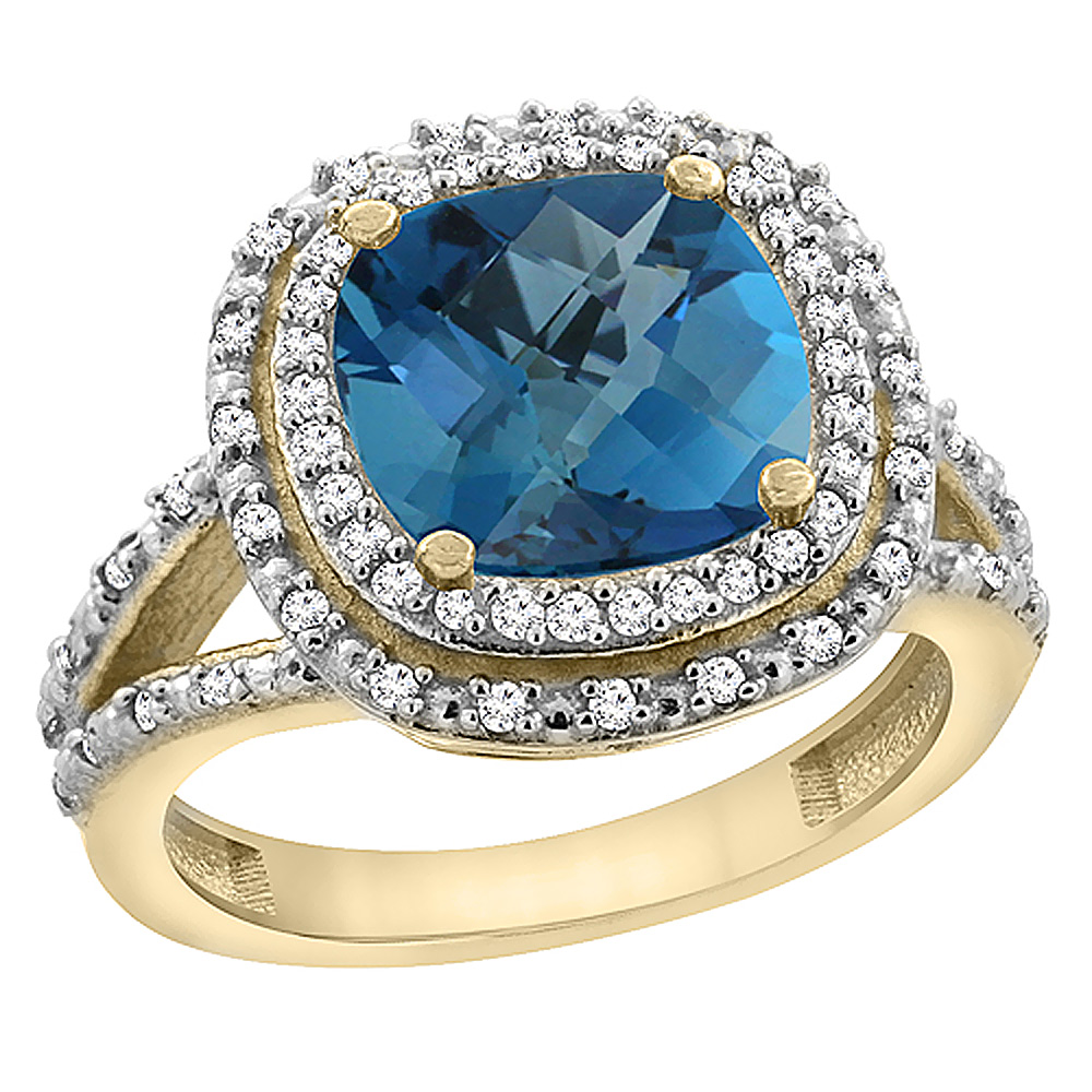 10K Yellow Gold Natural London Blue Topaz Ring Cushion 8x8 mm with Diamond Accents, sizes 5 - 10