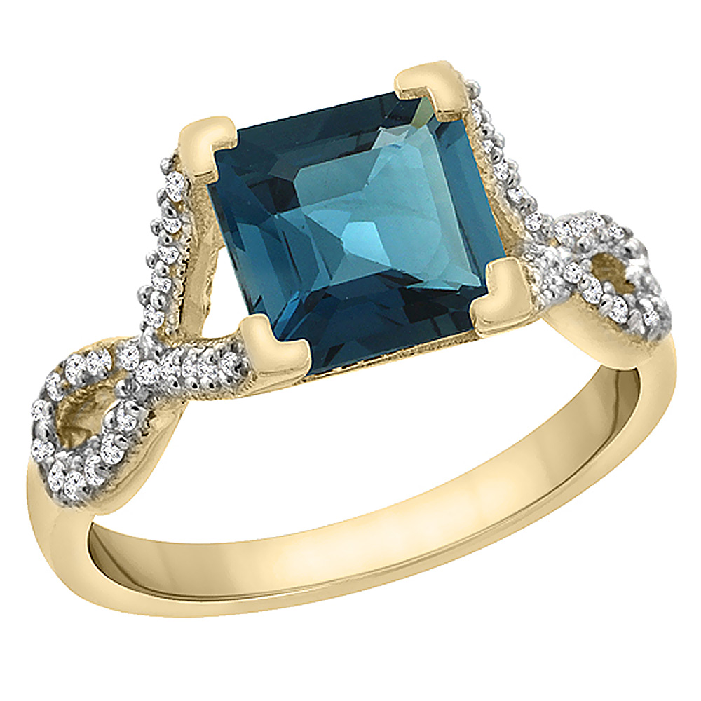 10K Yellow Gold Natural London Blue Topaz Ring Square 7x7 mm Diamond Accents, sizes 5 to 10