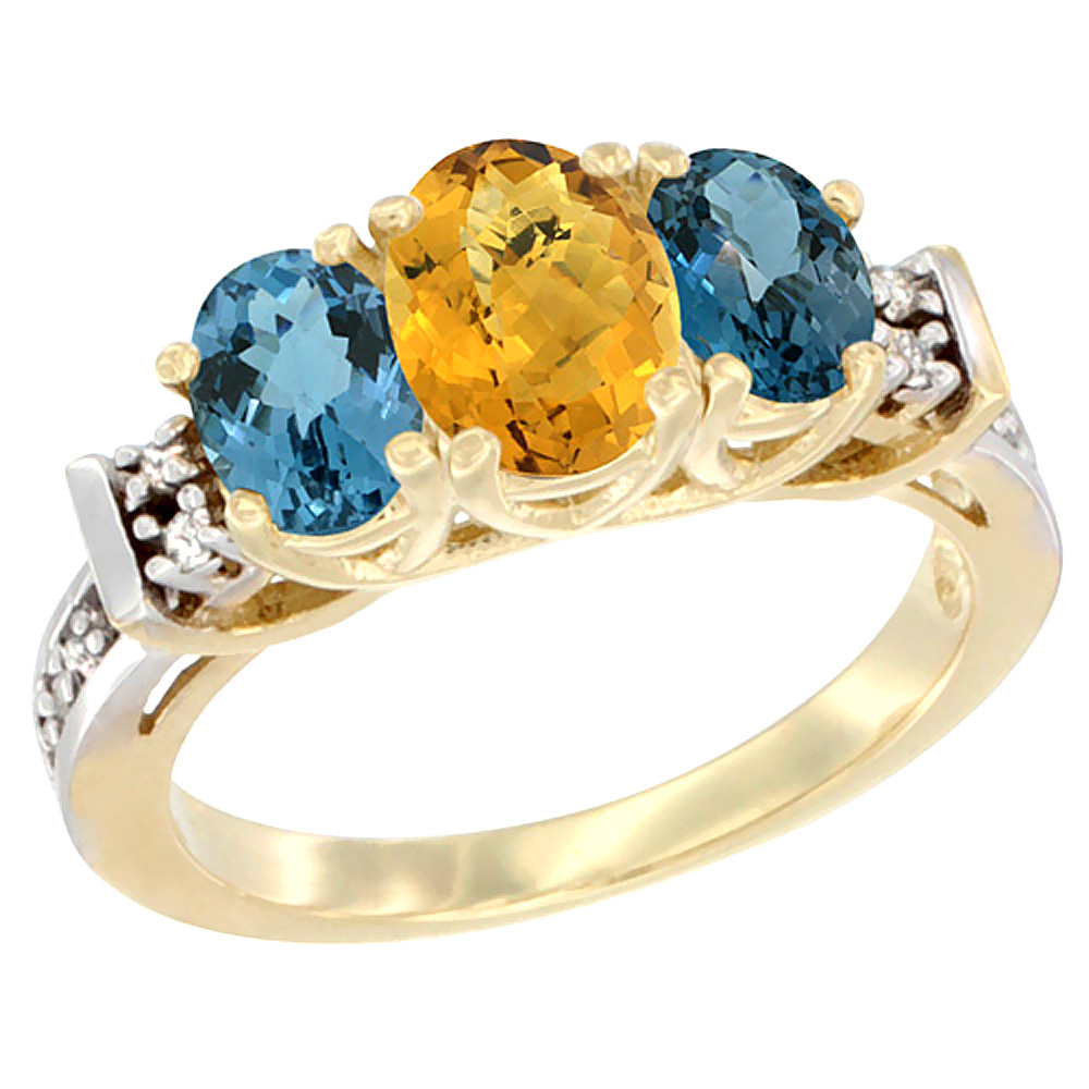 14K Yellow Gold Natural Whisky Quartz & London Blue Ring 3-Stone Oval Diamond Accent