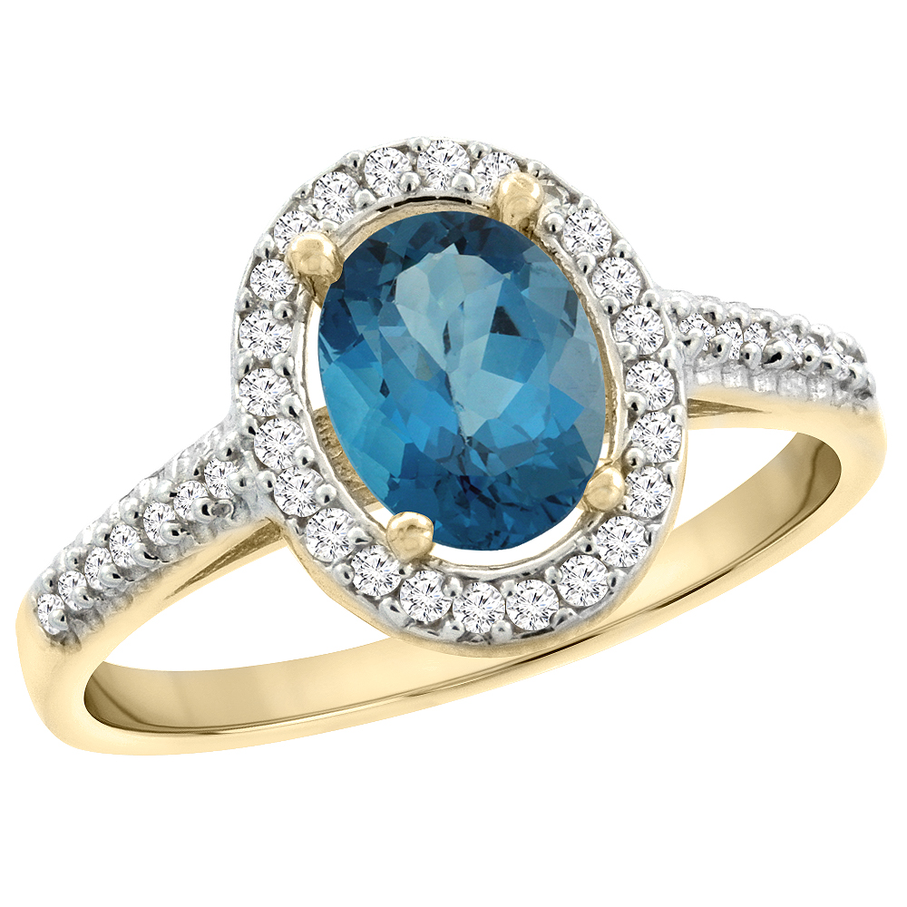 14K Yellow Gold Natural London Blue Topaz Engagement Ring Oval 7x5 mm Diamond Halo, sizes 5 - 10