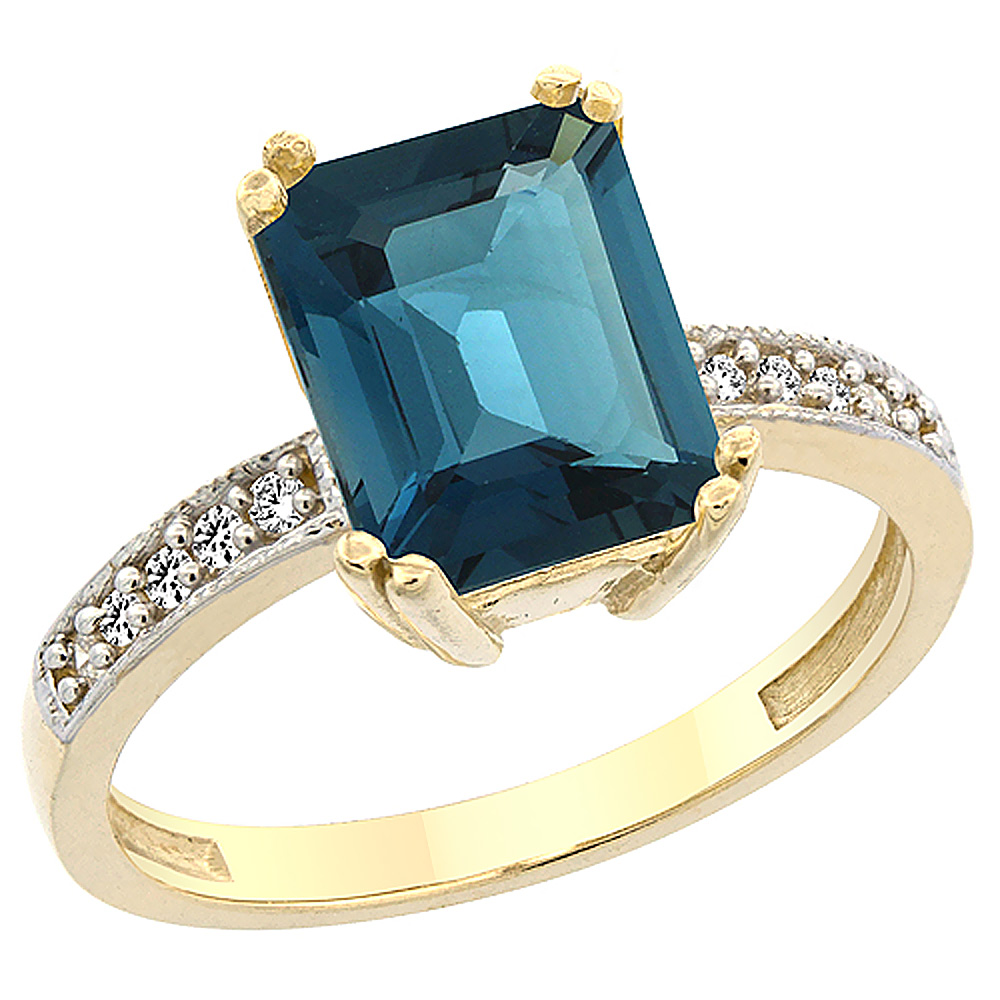 14K Yellow Gold Natural London Blue Topaz Ring Octagon 10x8mm Diamond Accent, sizes 5 to 10