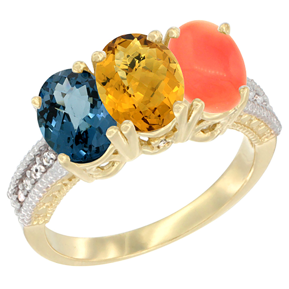 14K Yellow Gold Natural London Blue Topaz, Whisky Quartz & Coral Ring 3-Stone 7x5 mm Oval Diamond Accent, sizes 5 - 10