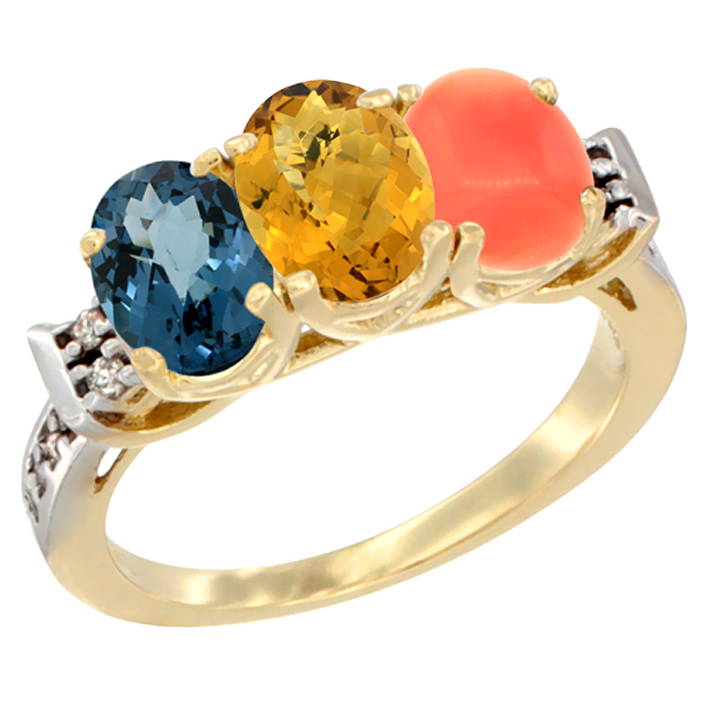 10K Yellow Gold Natural London Blue Topaz, Whisky Quartz & Coral Ring 3-Stone Oval 7x5 mm Diamond Accent, sizes 5 - 10