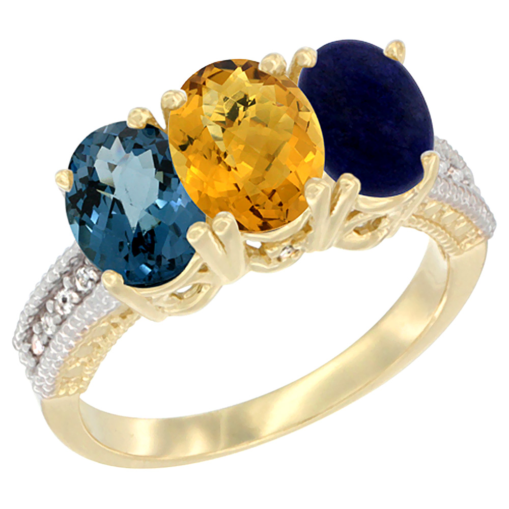 10K Yellow Gold Diamond Natural London Blue Topaz, Whisky Quartz & Lapis Ring 3-Stone Oval 7x5 mm, sizes 5 - 10