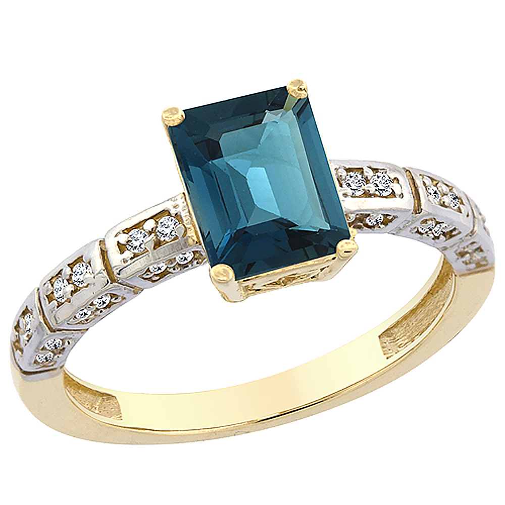 14K Yellow Gold Natural London Blue Topaz Octagon 8x6 mm with Diamond Accents, sizes 5 - 10