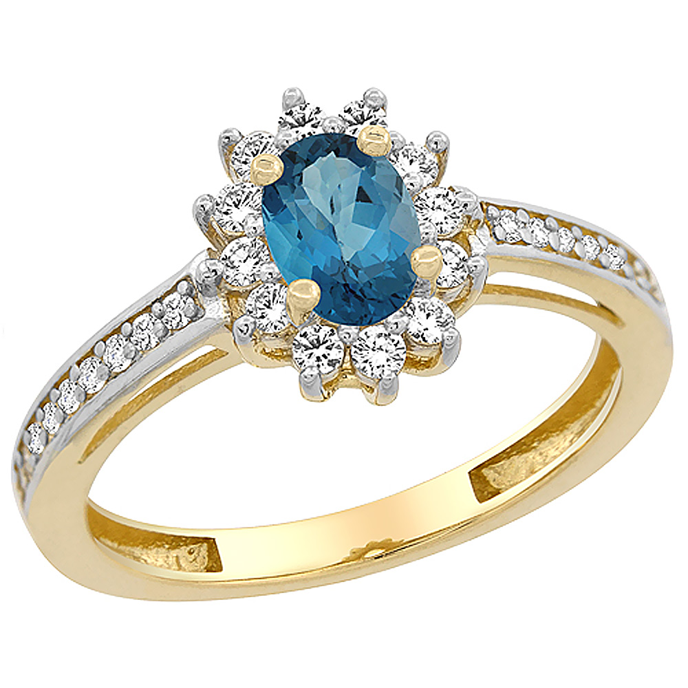 10K Yellow Gold Natural London Blue Topaz Flower Halo Ring Oval 6x4 mm Diamond Accents, sizes 5 - 10