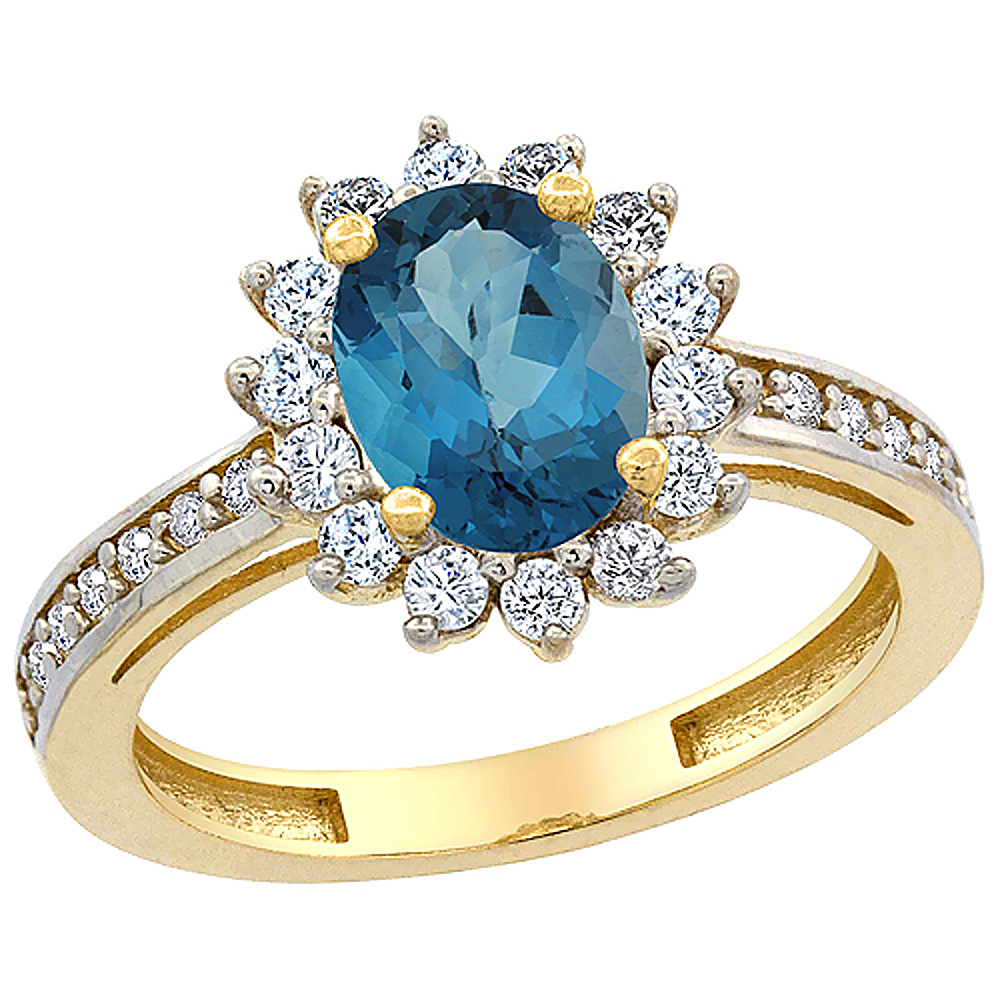 14K Yellow Gold Natural London Blue Topaz Floral Halo Ring Oval 8x6mm Diamond Accents, sizes 5 - 10