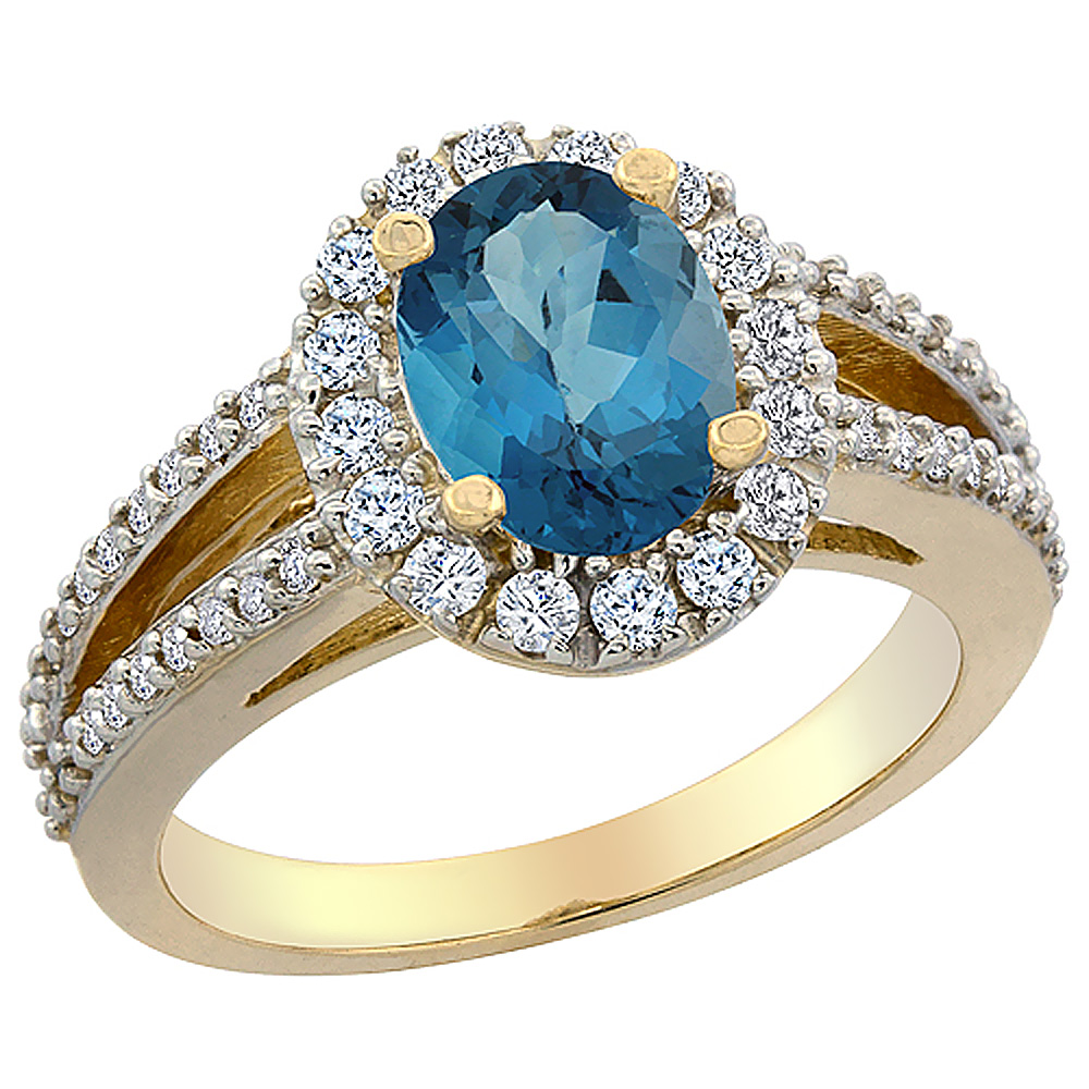 14K Yellow Gold Natural London Blue Topaz Halo Ring Oval 8x6 mm with Diamond Accents, sizes 5 - 10