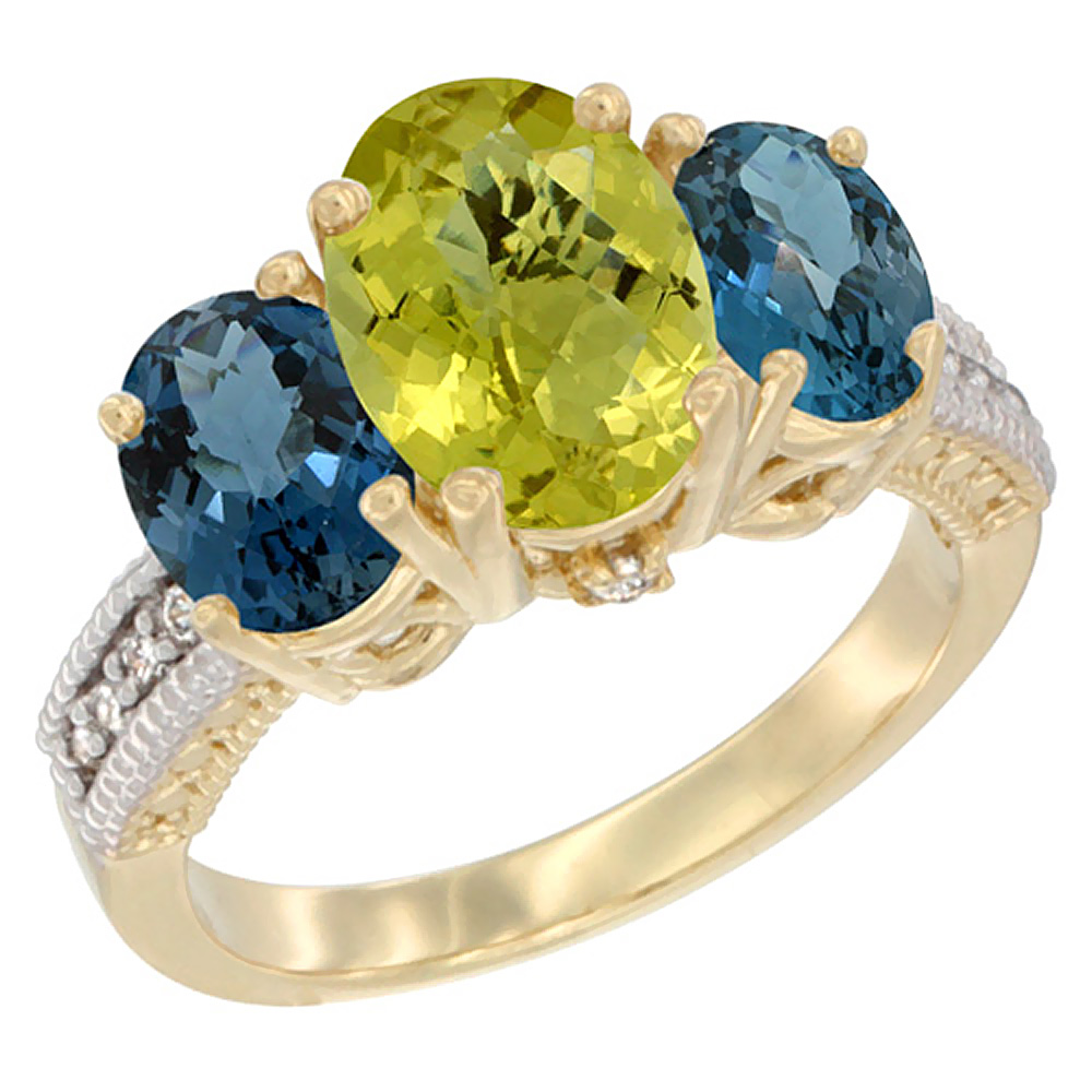 10K Yellow Gold Diamond Natural Lemon Quartz Ring 3-Stone Oval 8x6mm with London Blue Topaz, sizes5-10