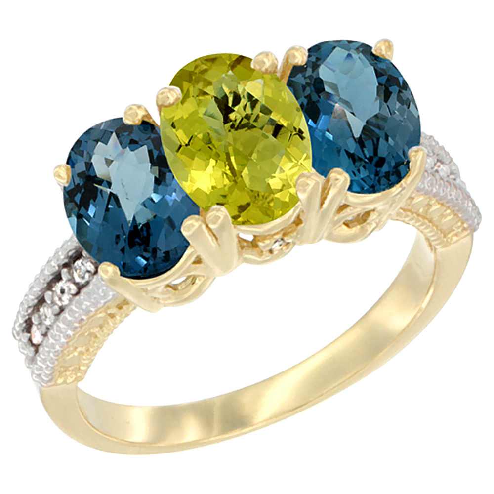 14K Yellow Gold Natural Lemon Quartz & London Blue Topaz Sides Ring 3-Stone 7x5 mm Oval Diamond Accent, sizes 5 - 10