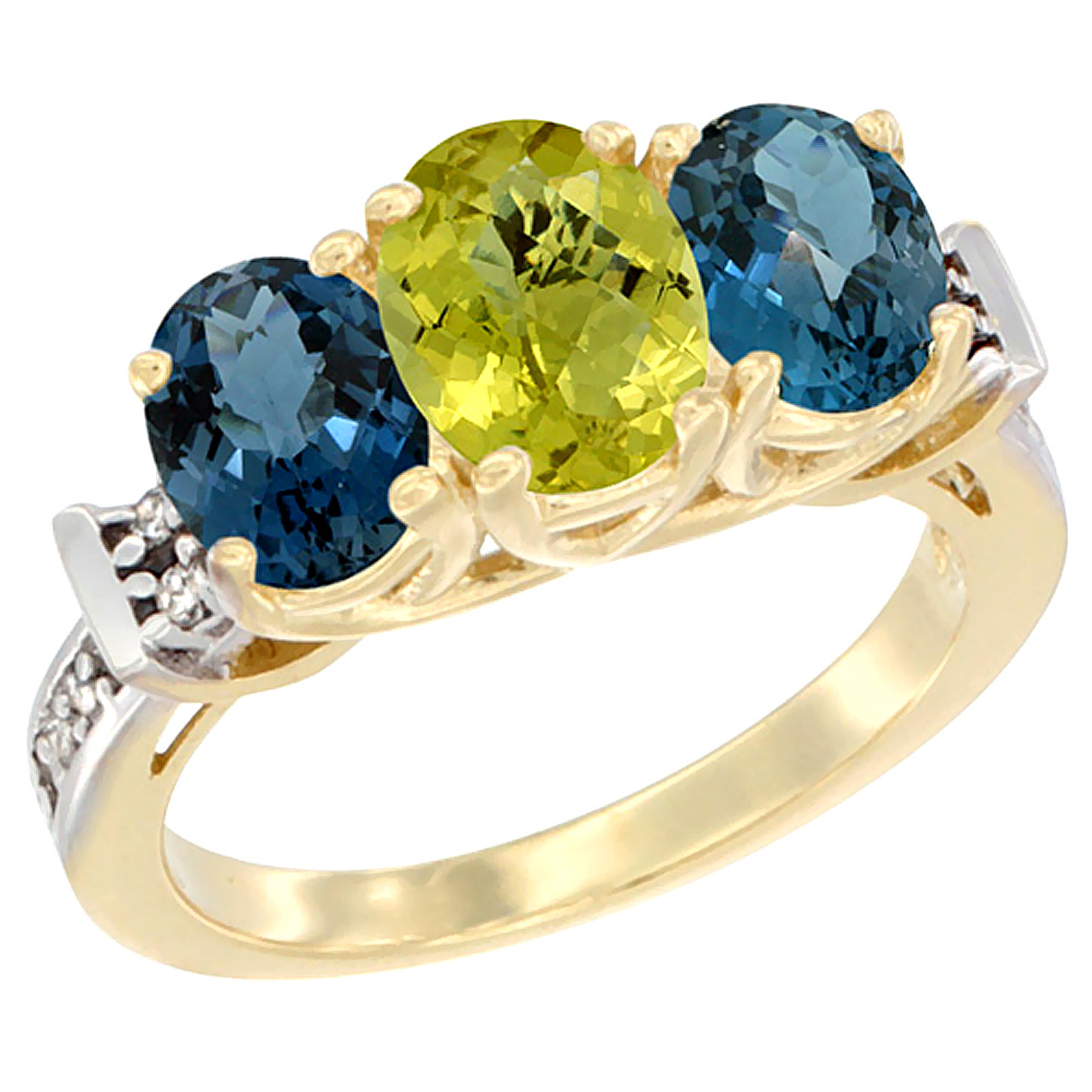 10K Yellow Gold Natural Lemon Quartz & London Blue Topaz Sides Ring 3-Stone Oval Diamond Accent, sizes 5 - 10