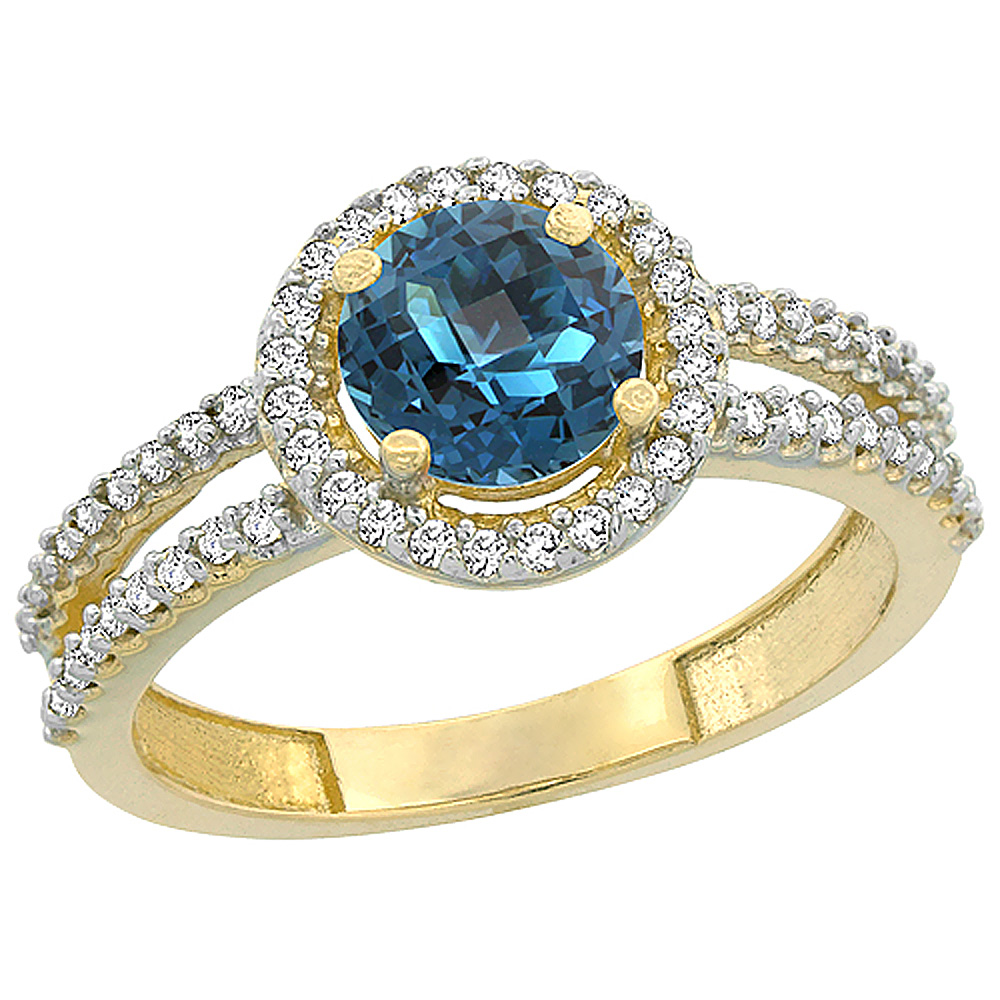14K Yellow Gold Natural London Blue Topaz Diamond Halo Ring Round 6mm, sizes 5 - 10