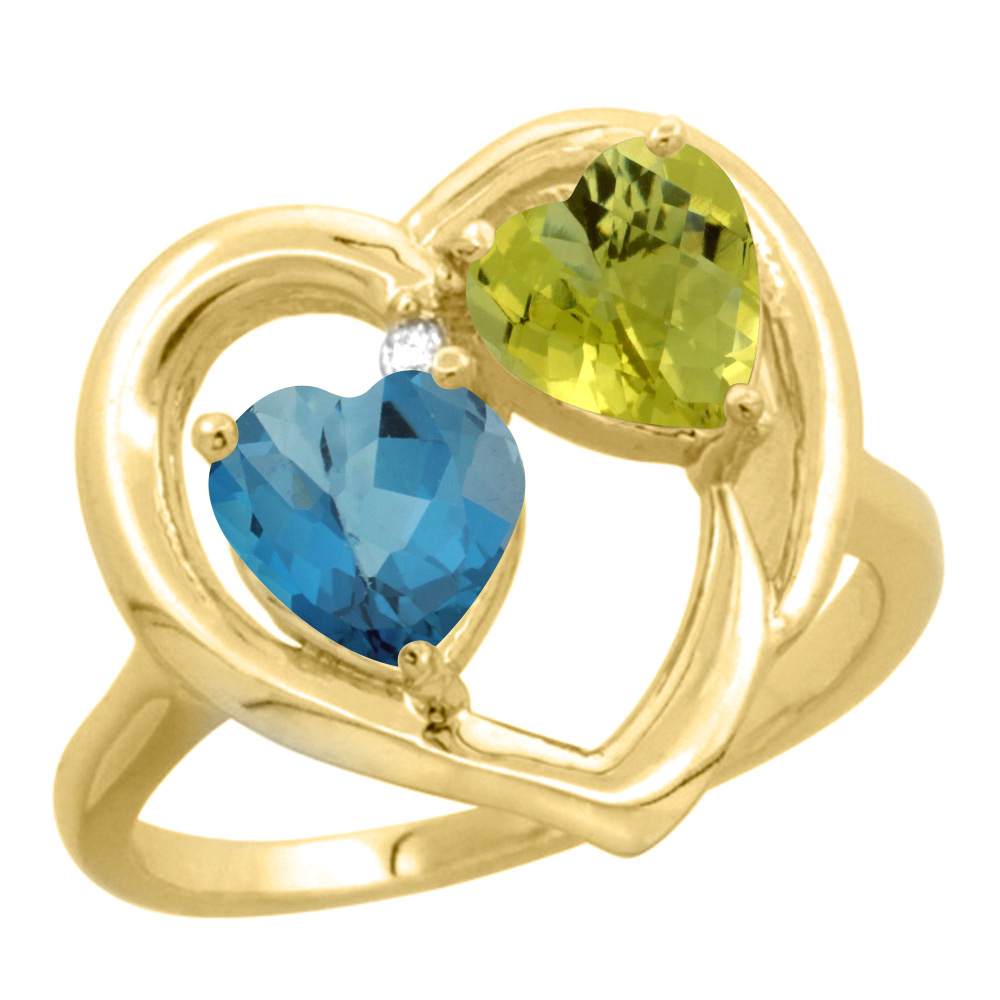 10K Yellow Gold Diamond Two-stone Heart Ring 6mm Natural London Blue Topaz & Lemon Quartz, sizes 5-10