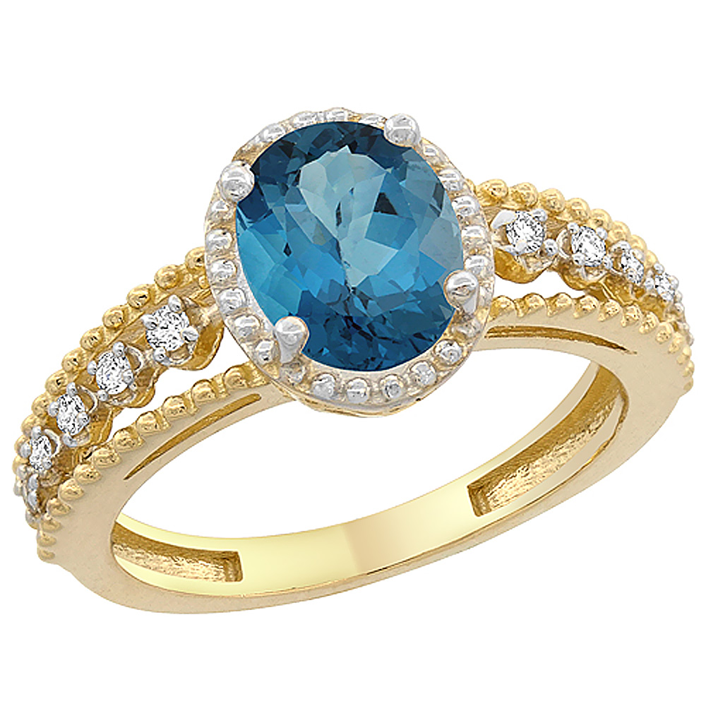 10K Yellow Gold Natural London Blue Topaz Ring Oval 9x7 mm Floating Diamond Accents, sizes 5 - 10