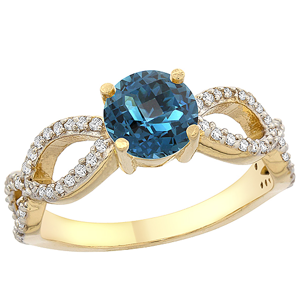 14K Yellow Gold Natural London Blue Topaz Ring Round 6mm Infinity Diamond Accents, sizes 5 - 10