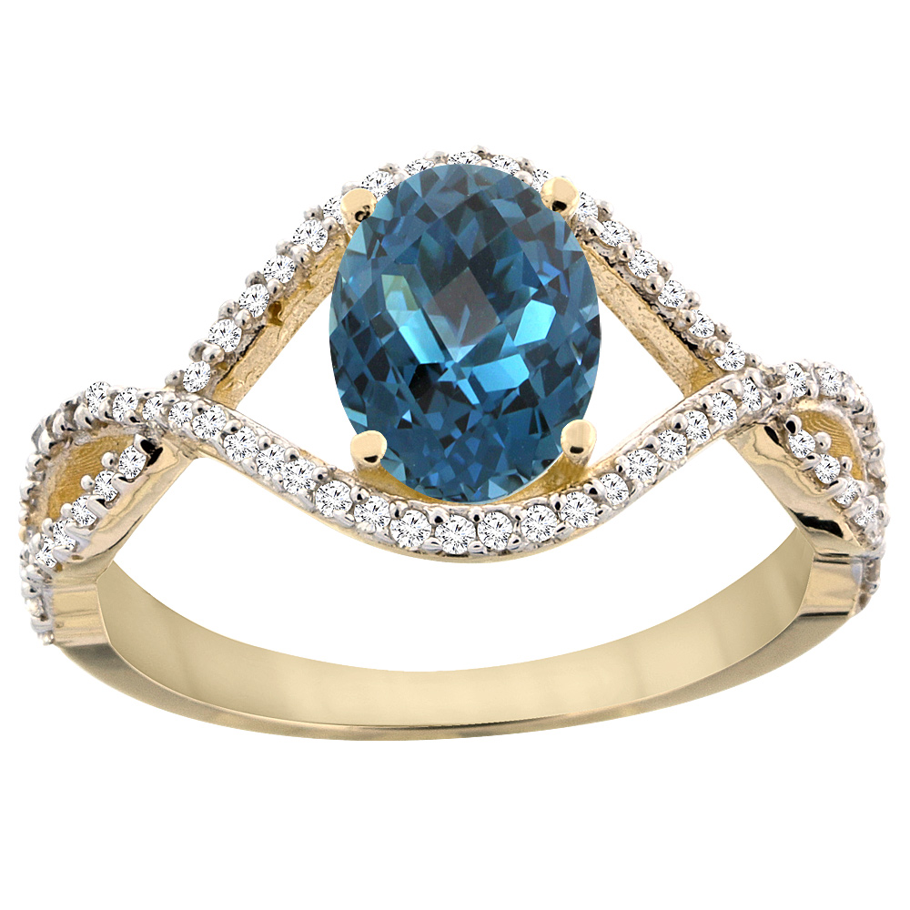 10K Yellow Gold Natural London Blue Topaz Ring Oval 8x6 mm Infinity Diamond Accents, sizes 5 - 10