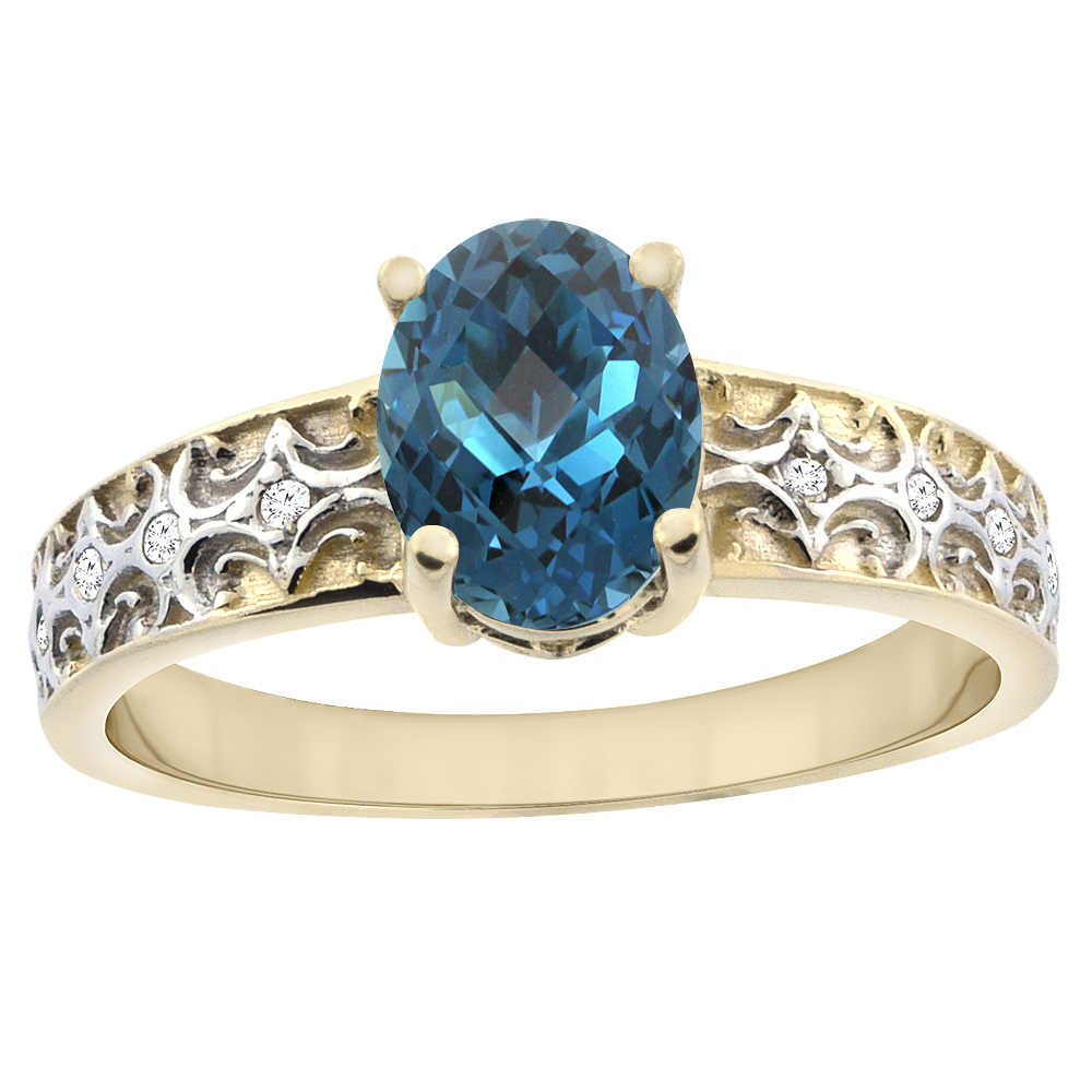 10K Yellow Gold Natural London Blue Topaz Ring Oval 8x6 mm Diamond Accents, sizes 5 - 10