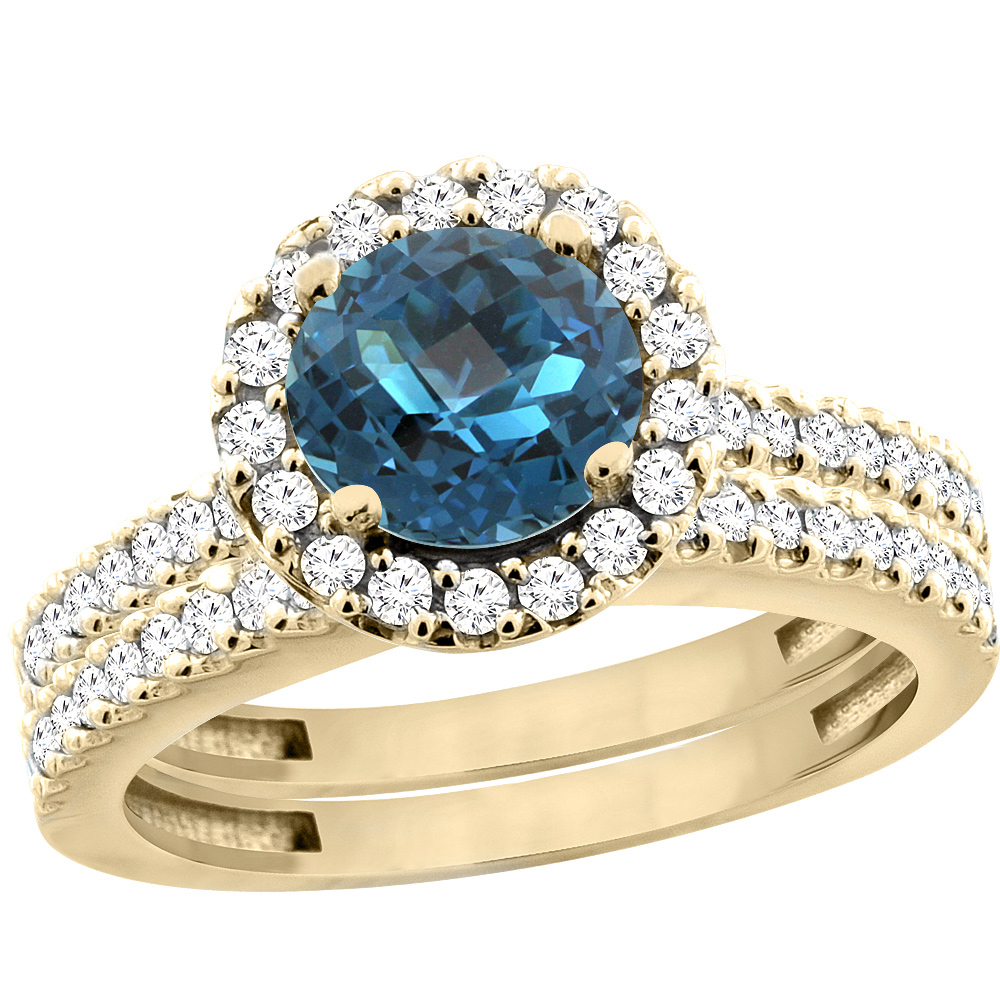 10K Yellow Gold Natural London Blue Topaz Round 6mm 2-Piece Engagement Ring Set Floating Halo Diamond, sizes 5 - 10