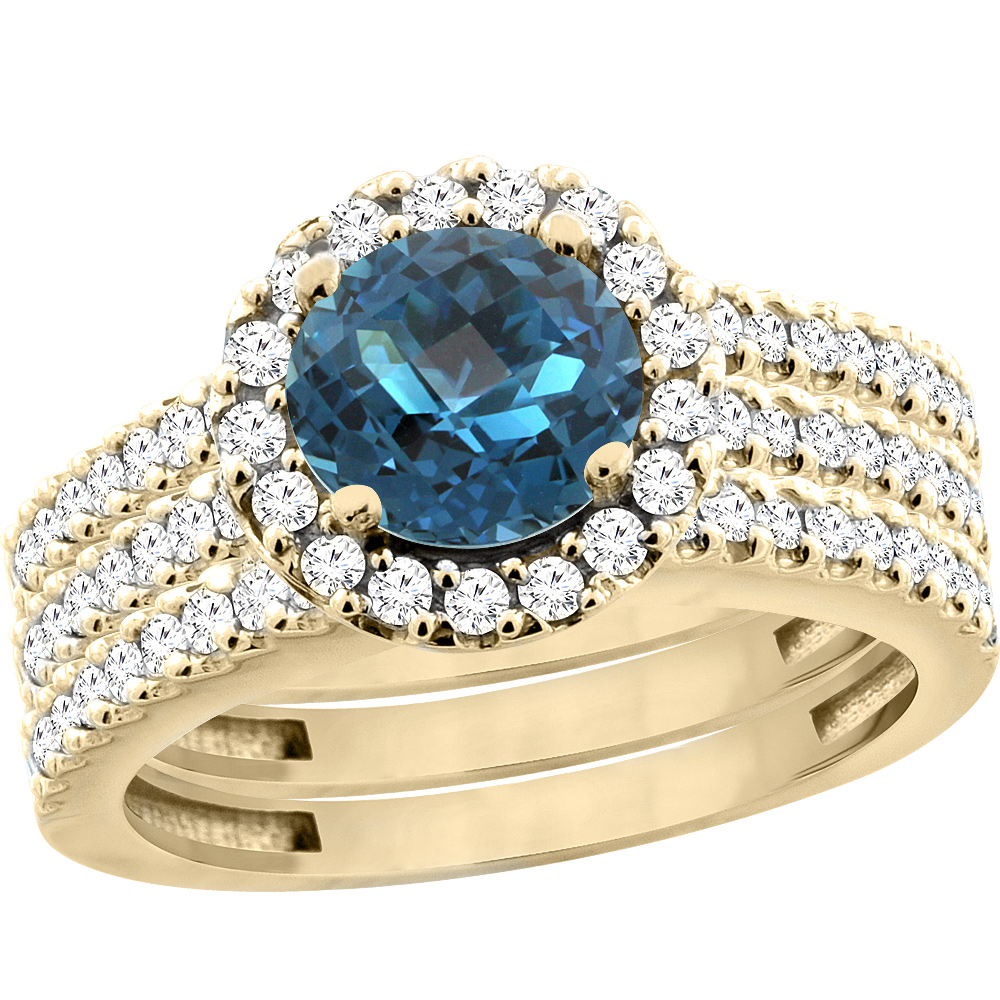 14K Yellow Gold Natural London Blue Topaz 3-Piece Bridal Ring Set Round 6mm Halo Diamond, sizes 5 - 10
