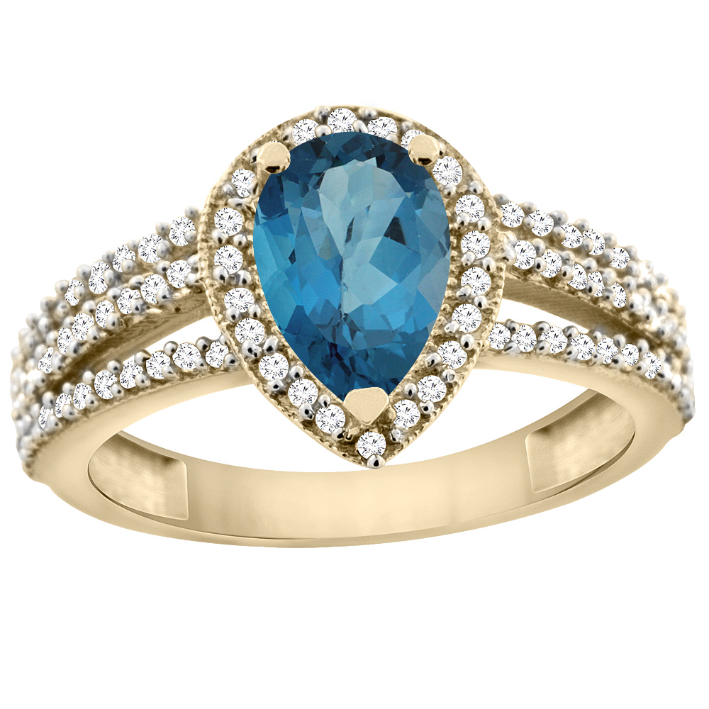 10K Yellow Gold Natural London Blue Topaz Ring 9x7 Pear Halo Diamond, sizes 5 - 10