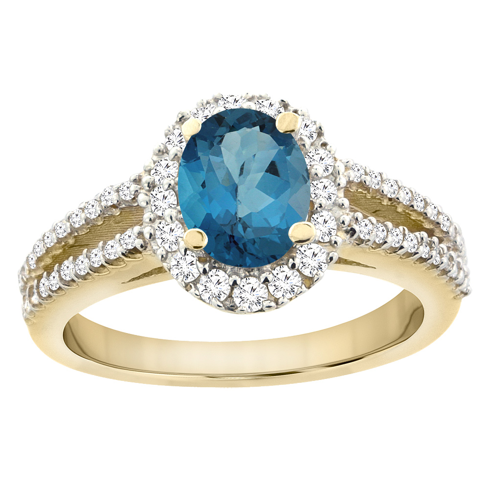 14K Yellow Gold Natural London Blue Topaz Split Shank Halo Engagement Ring Oval 7x5 mm, sizes 5 - 10