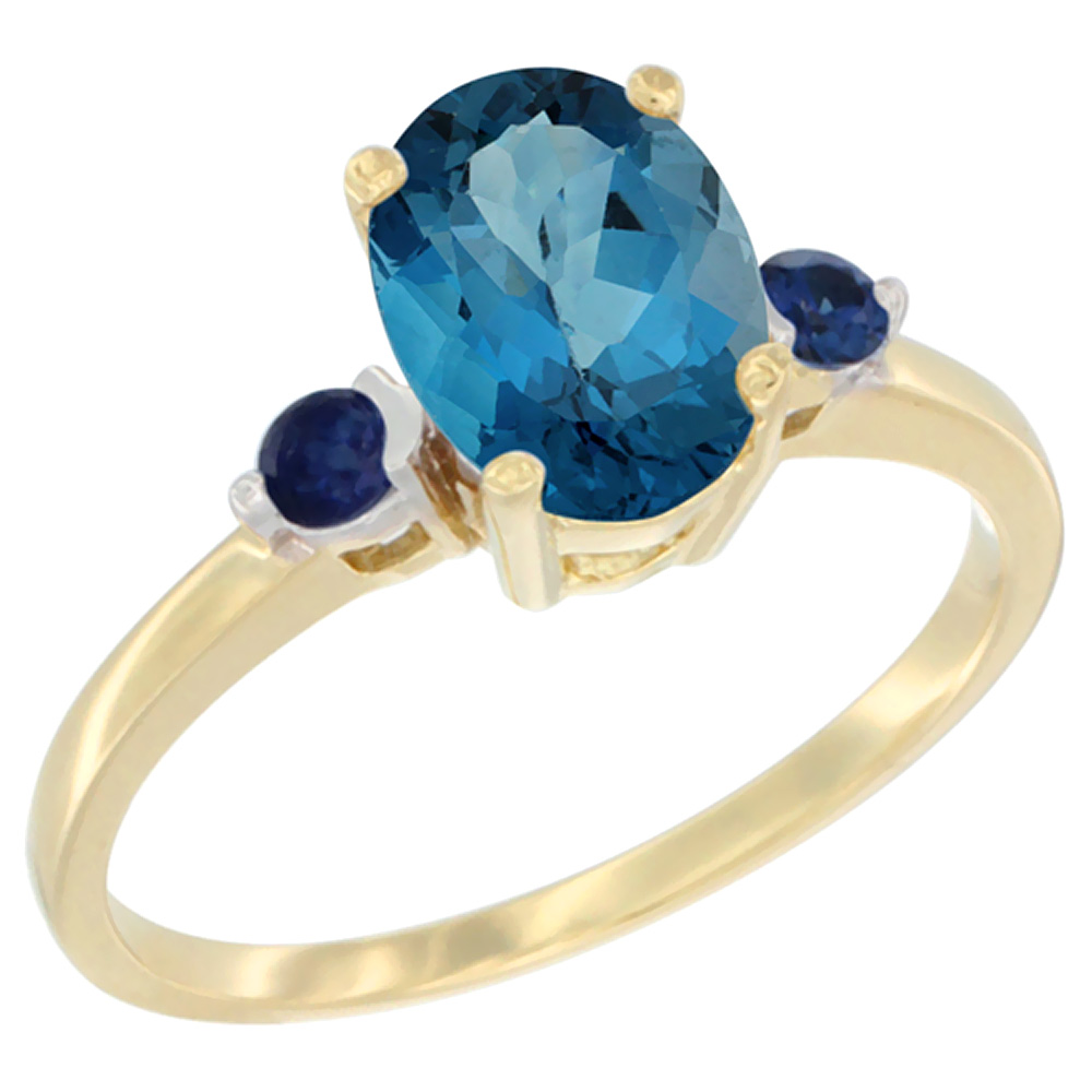 14K Yellow Gold Natural London Blue Topaz Ring Oval 9x7 mm Blue Sapphire Accent, sizes 5 to 10